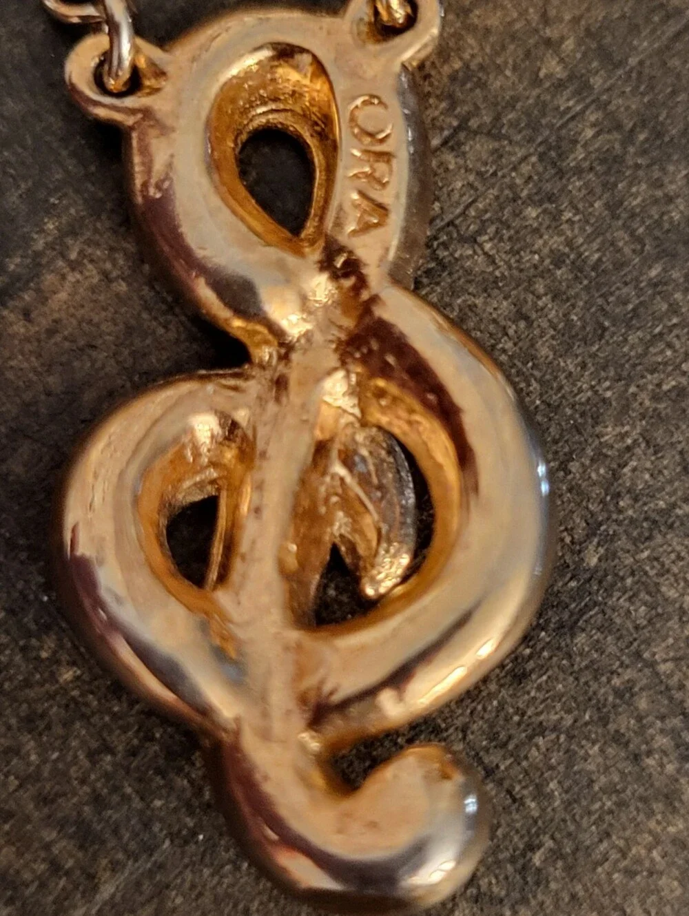 Vintage ORA Agnini Singer Rhinestone Treble Clef Tie Chain Clip Gold Tone